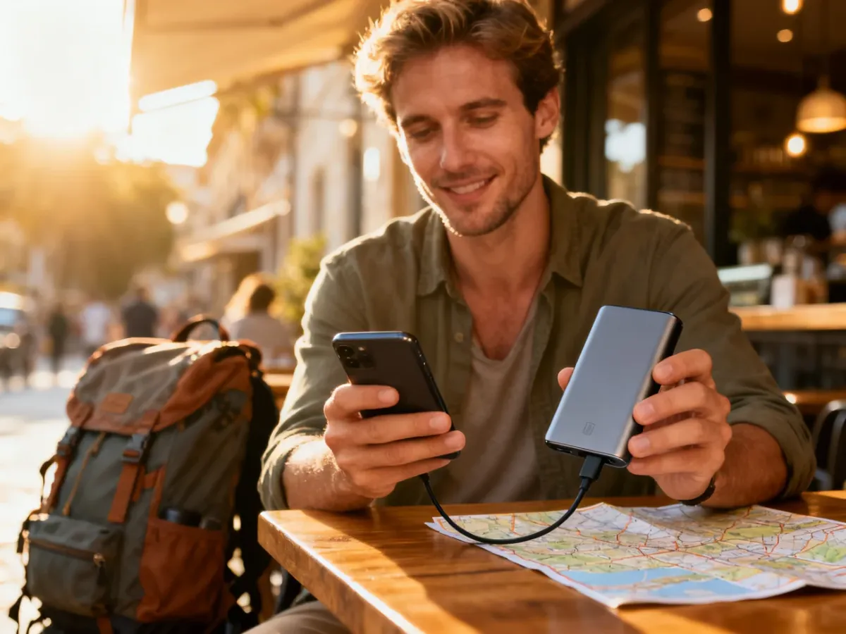 Mężczyzna w podróży ładuje smartfon za pomocą nowoczesnego powerbanka przy stoliku w kawiarni.