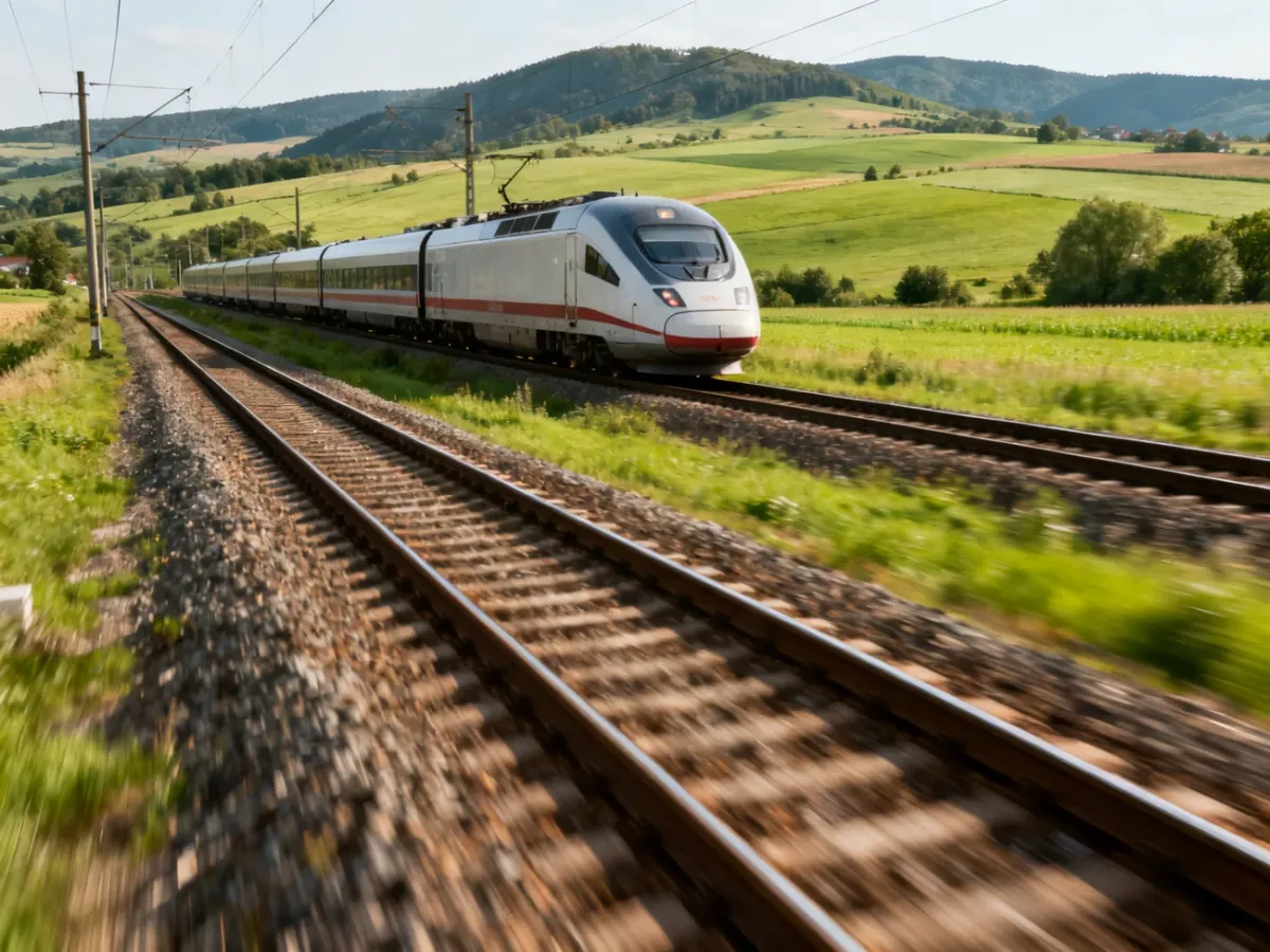 Nowoczesny pociąg dużych prędkości jadący przez malowniczy polski krajobraz w słoneczny dzień.
