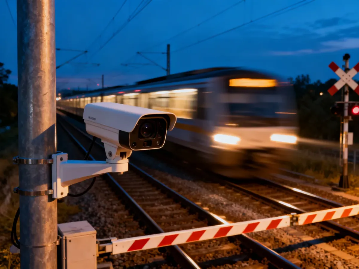 Kamera monitoringu na przejeździe kolejowym o zmierzchu z przejeżdżającym w tle pociągiem.