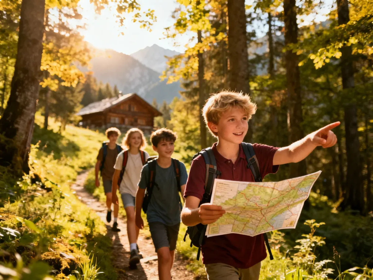 Grupa uczniów z mapą w ręku podczas pieszej wycieczki po słonecznym lesie, planująca trasę wyprawy.