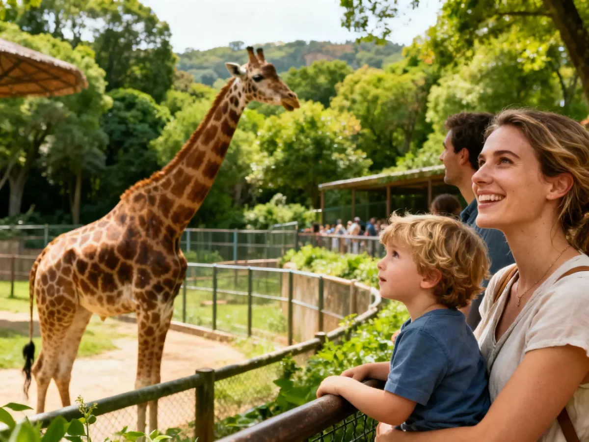 Rodzina z dzieckiem obserwuje żyrafę na wybiegu w krakowskim zoo. Uśmiechnięci zwiedzający podziwiają zwierzę w otoczeniu zieleni.