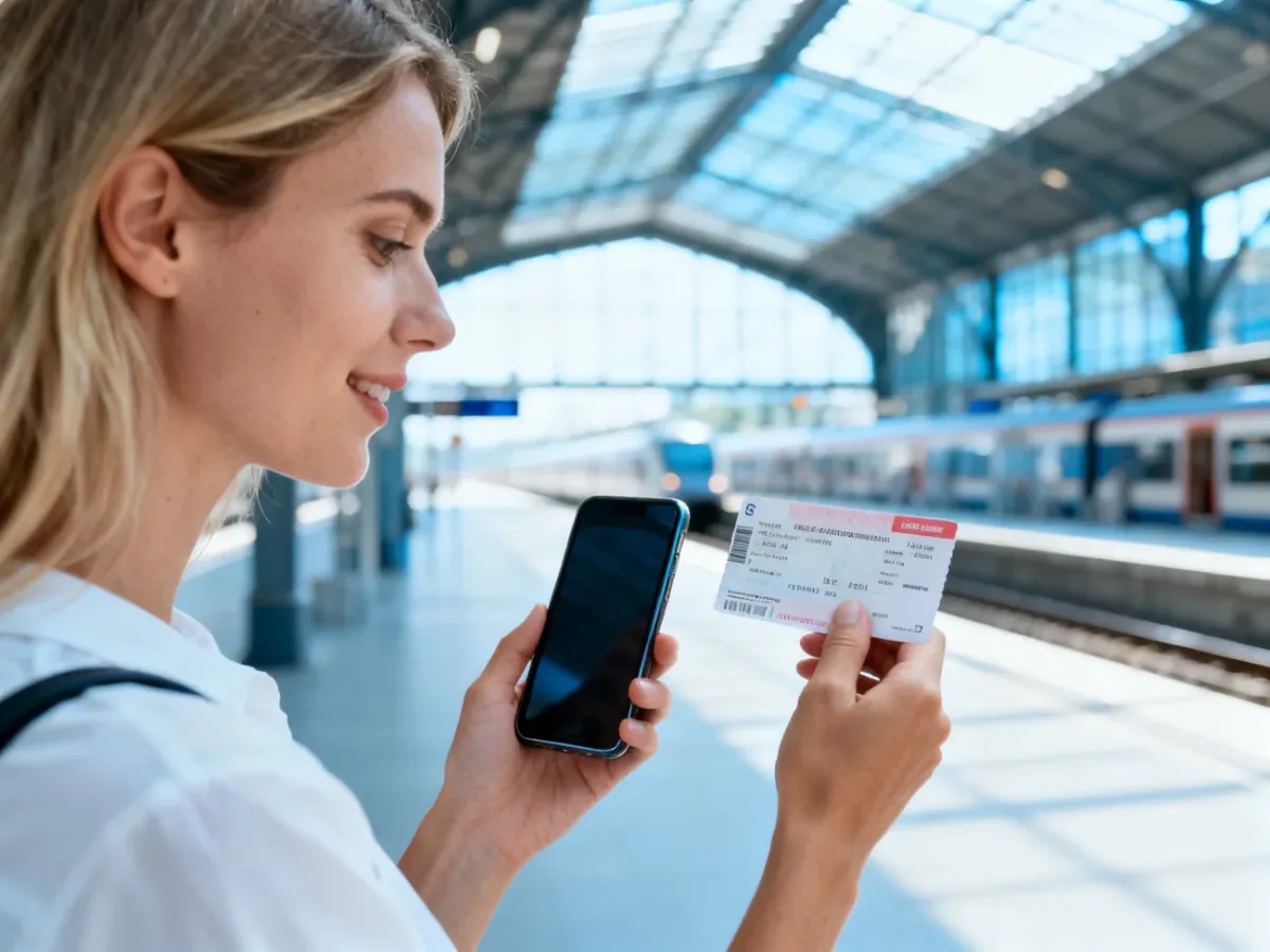 Kobieta na dworcu kolejowym trzyma smartfon i bilet, przygotowując się do procesu jego zwrotu.