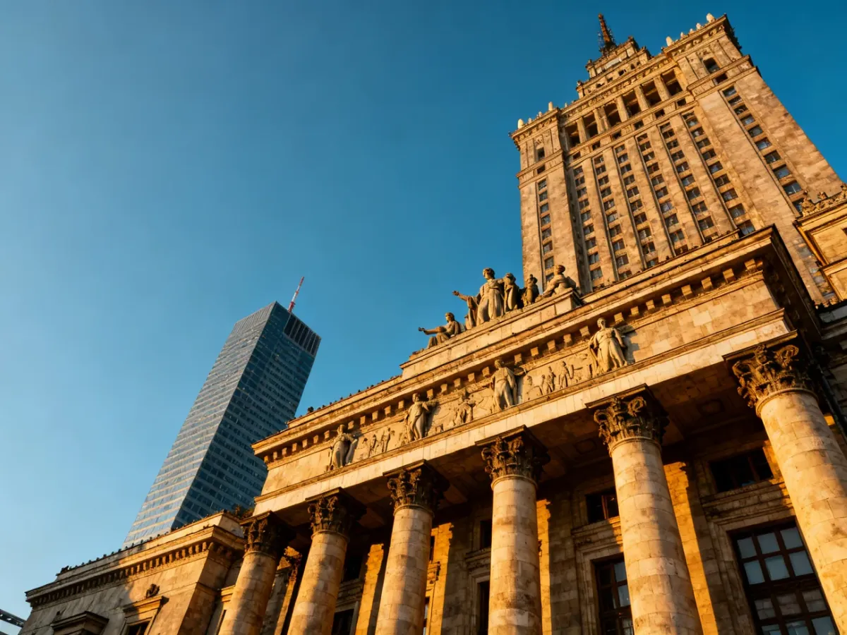 Widok na Pałac Kultury i Nauki w Warszawie z dołu, ukazujący detale fasady oraz strzelistą wieżę w świetle zachodzącego słońca.