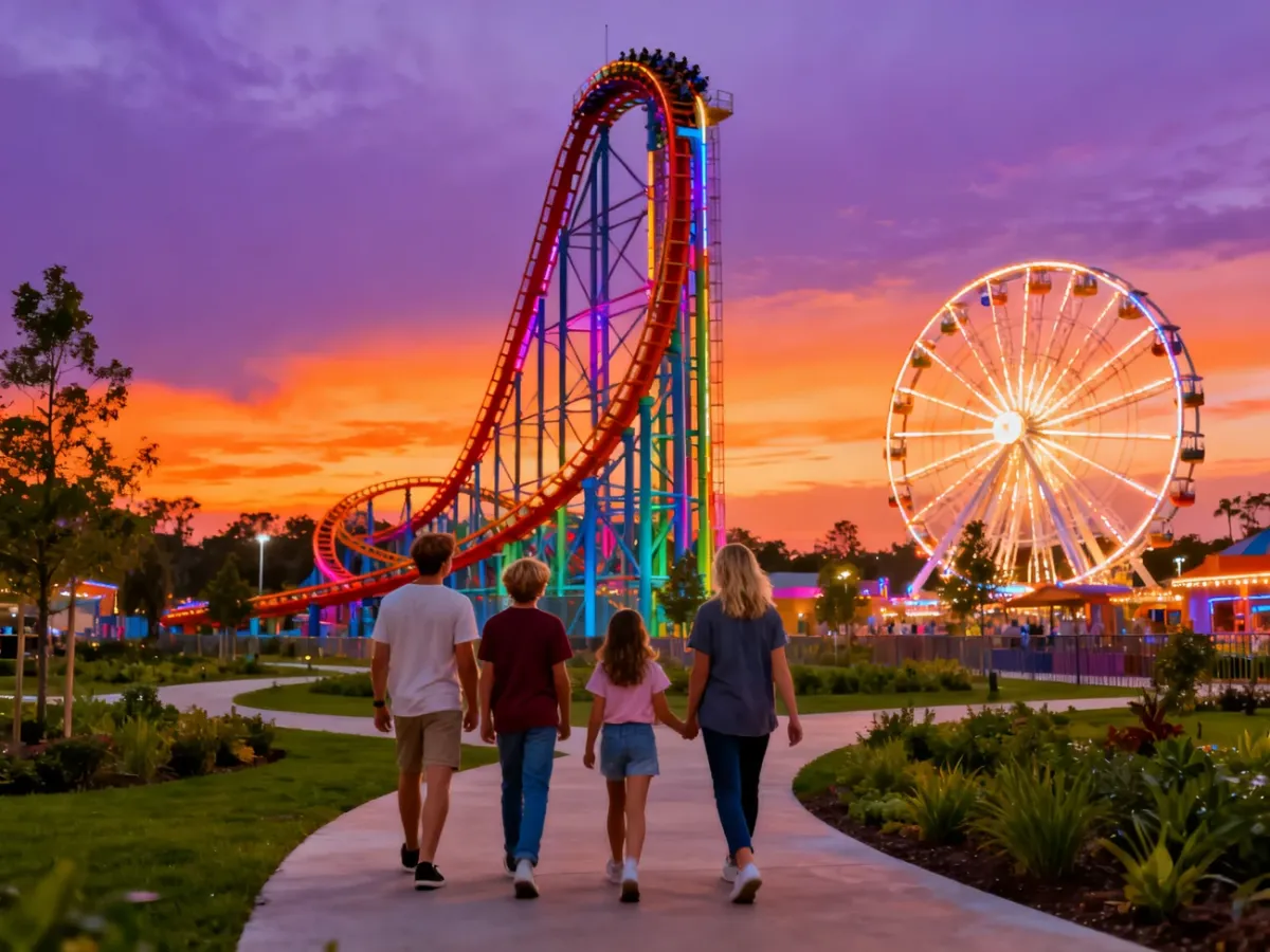 Szczęśliwa rodzina spaceruje po nowoczesnym parku rozrywki na tle kolorowego rollercoastera i diabelskiego młyna o zachodzie.