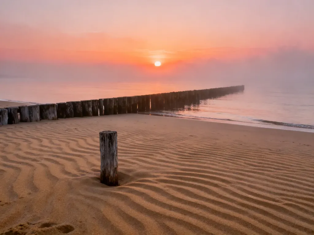 Spokojna plaża w Jantarze o wschodzie słońca z widoczną drewnianą ostrogą na tle morza i pomarańczowego nieba.
