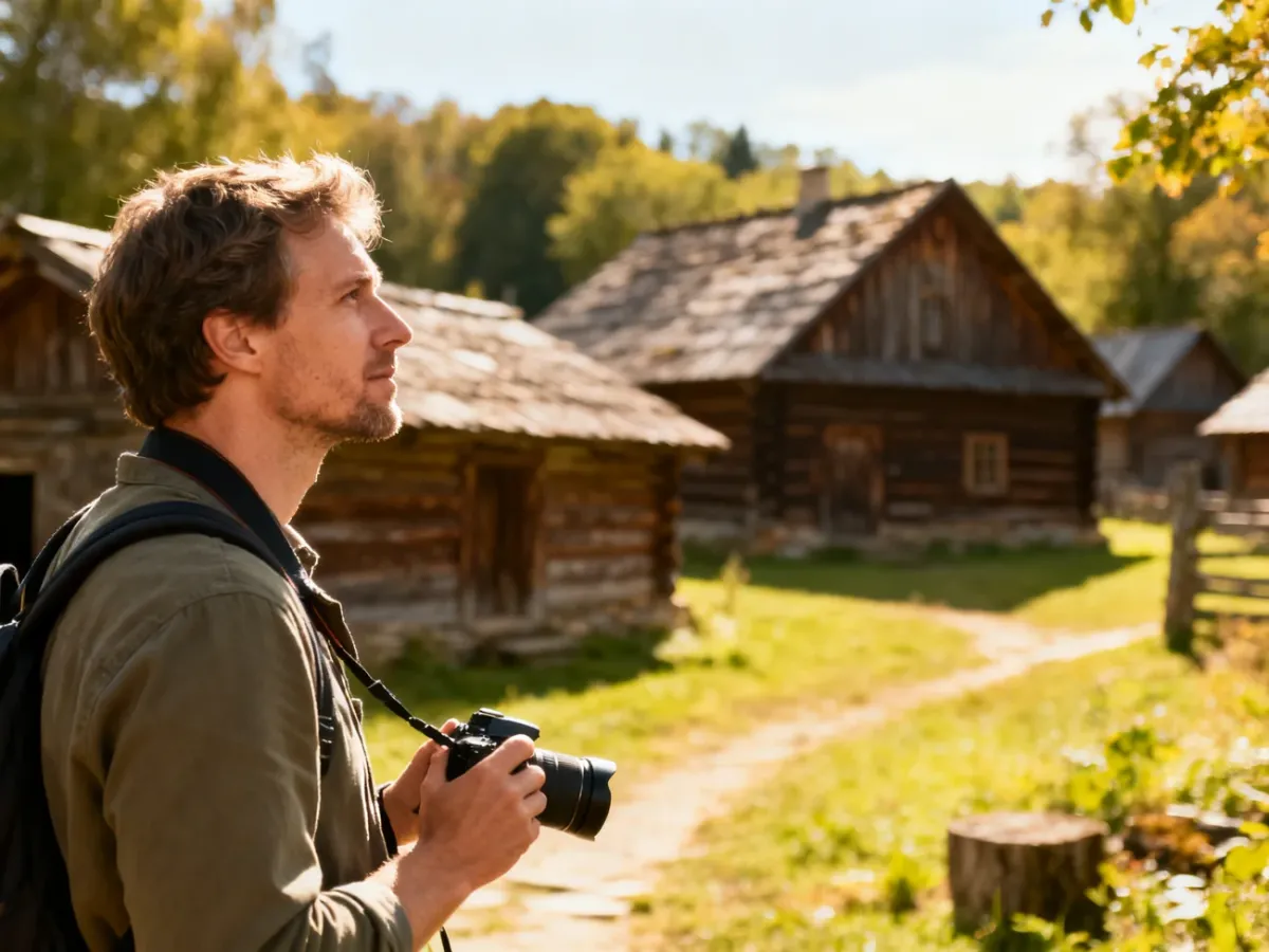 Turysta z aparatem fotografuje zabytkową drewnianą chatę w skansenie, otoczoną sielskim krajobrazem.