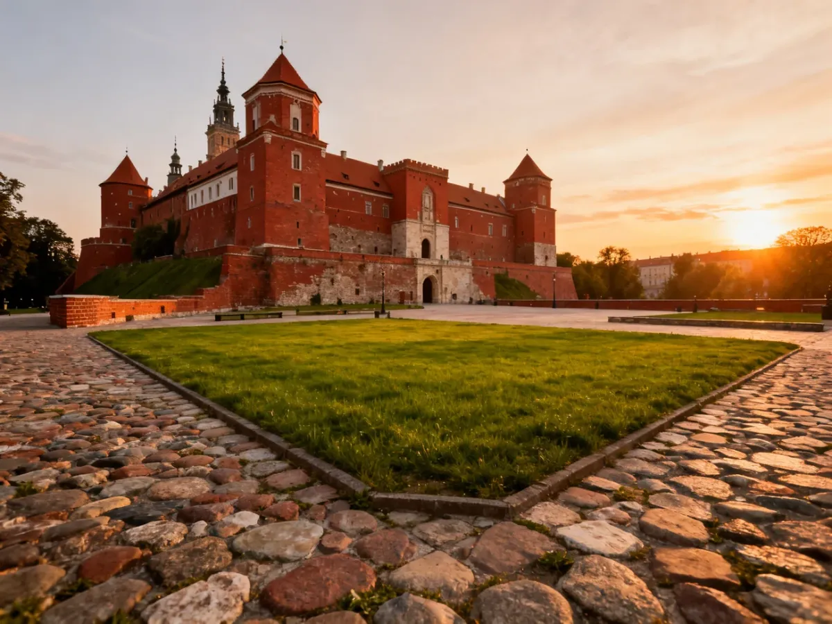 Zamek w Janowie Podlaskim w blasku zachodzącego słońca, prezentujący odrestaurowane mury i zadbany dziedziniec.