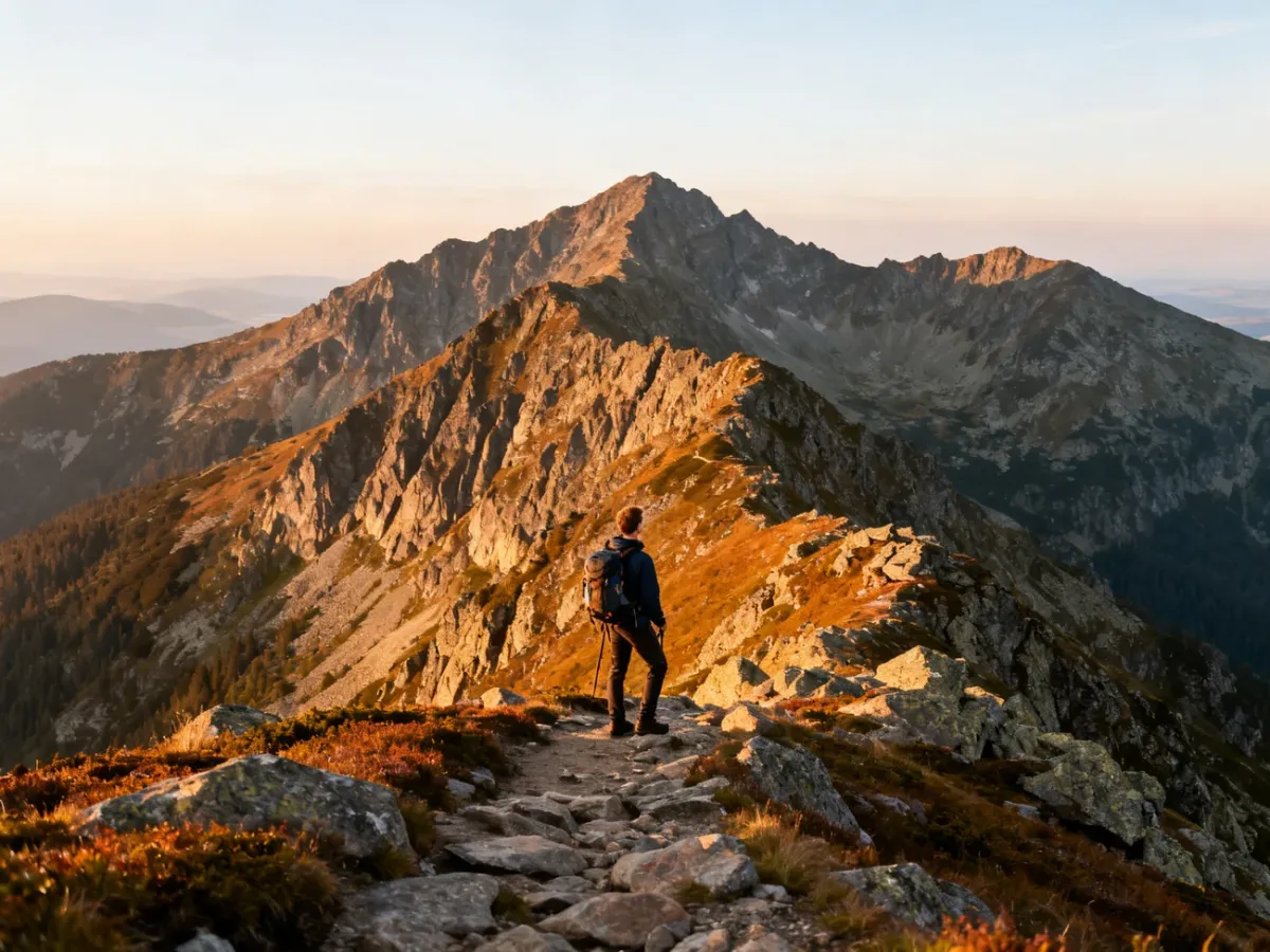 Turysta w stroju trekkingowym podziwia panoramę Karkonoszy podczas złotej godziny.