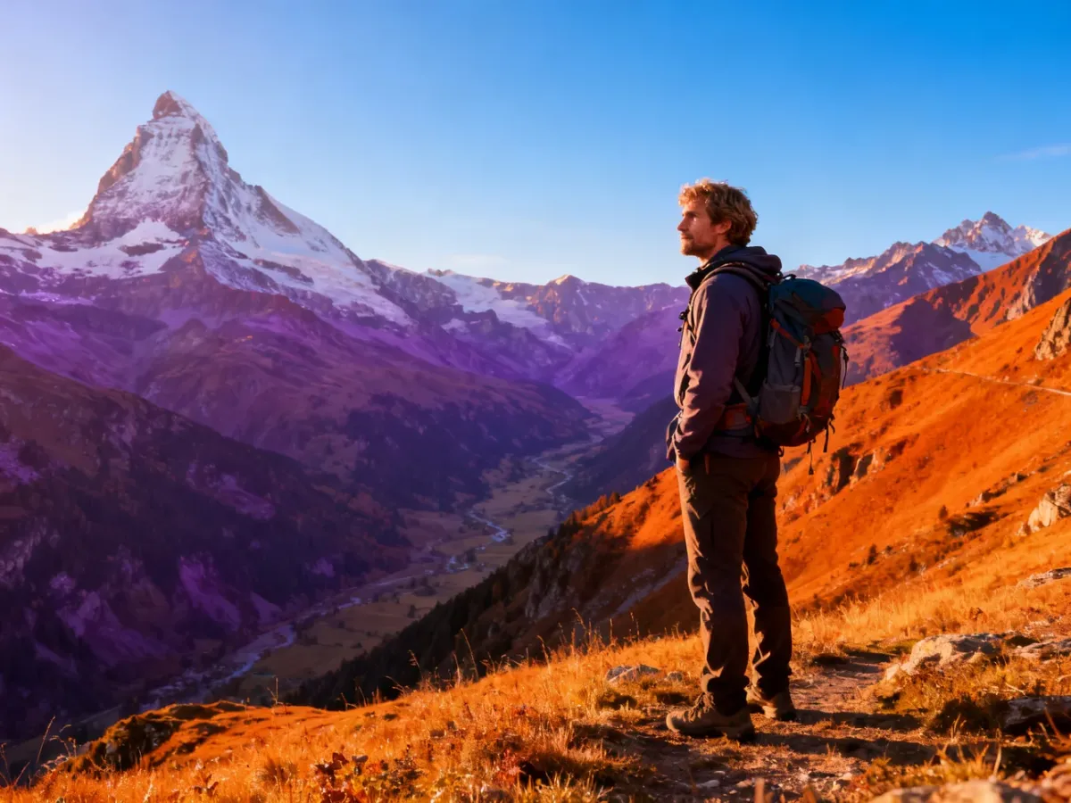 Turysta w stroju trekkingowym podziwia panoramę ośnieżonych gór podczas złotej godziny.