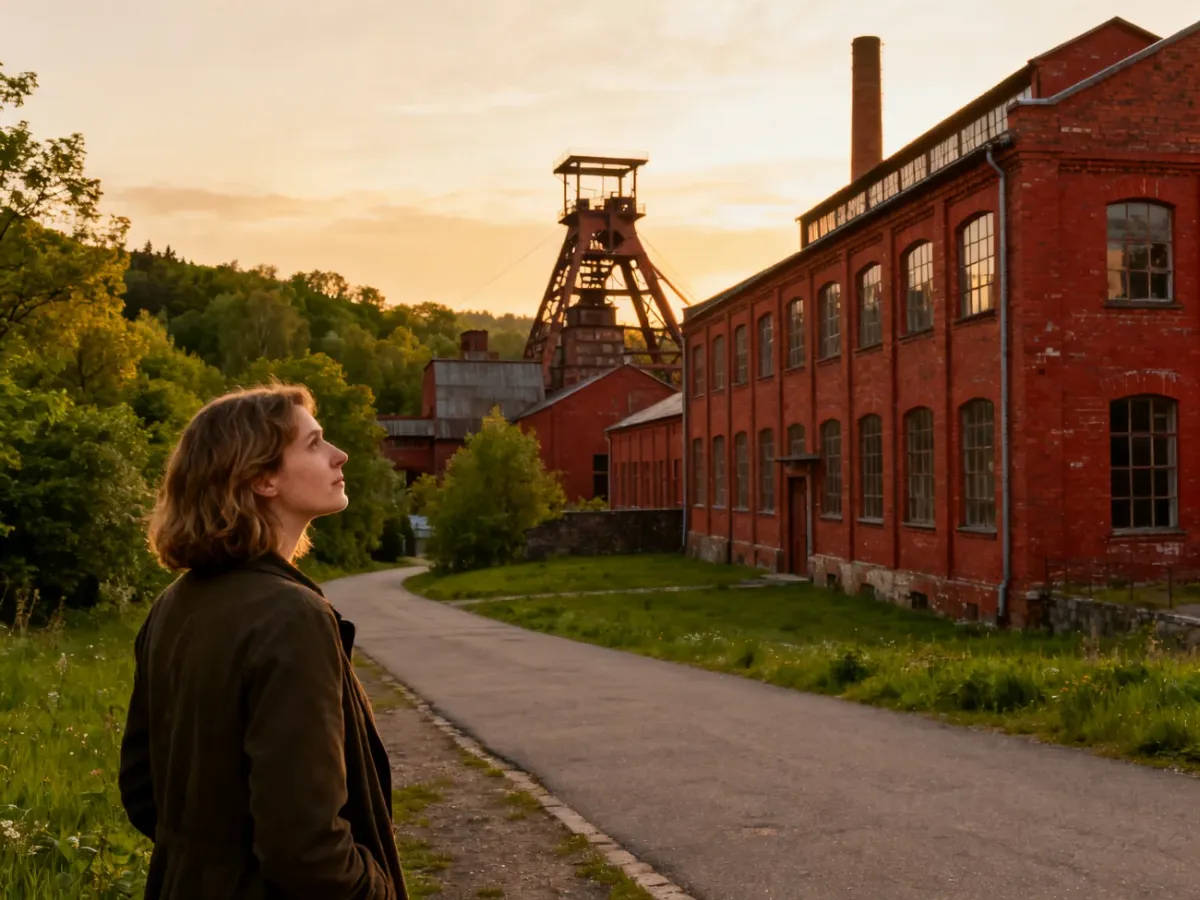 Kobieta spacerująca po zabytkowym parku industrialnym na Śląsku w blasku zachodzącego słońca.