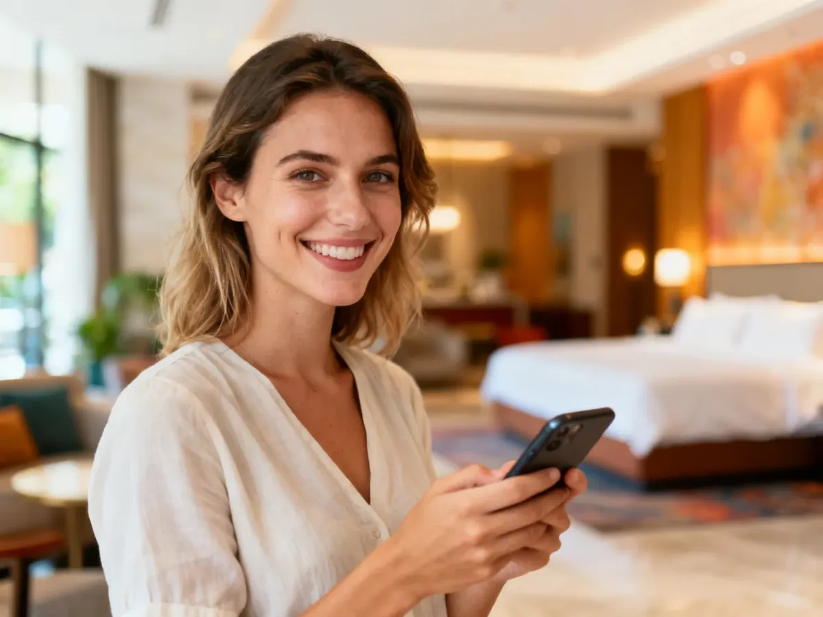 Uśmiechnięta kobieta z telefonem w nowoczesnym hotelu, sprawdzająca ofertę noclegową przed rezerwacją.