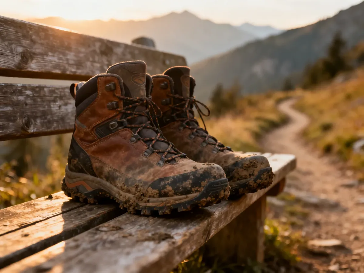 Zabłocone buty trekkingowe na drewnianej ławce na tle górskiego szlaku podczas złotej godziny.