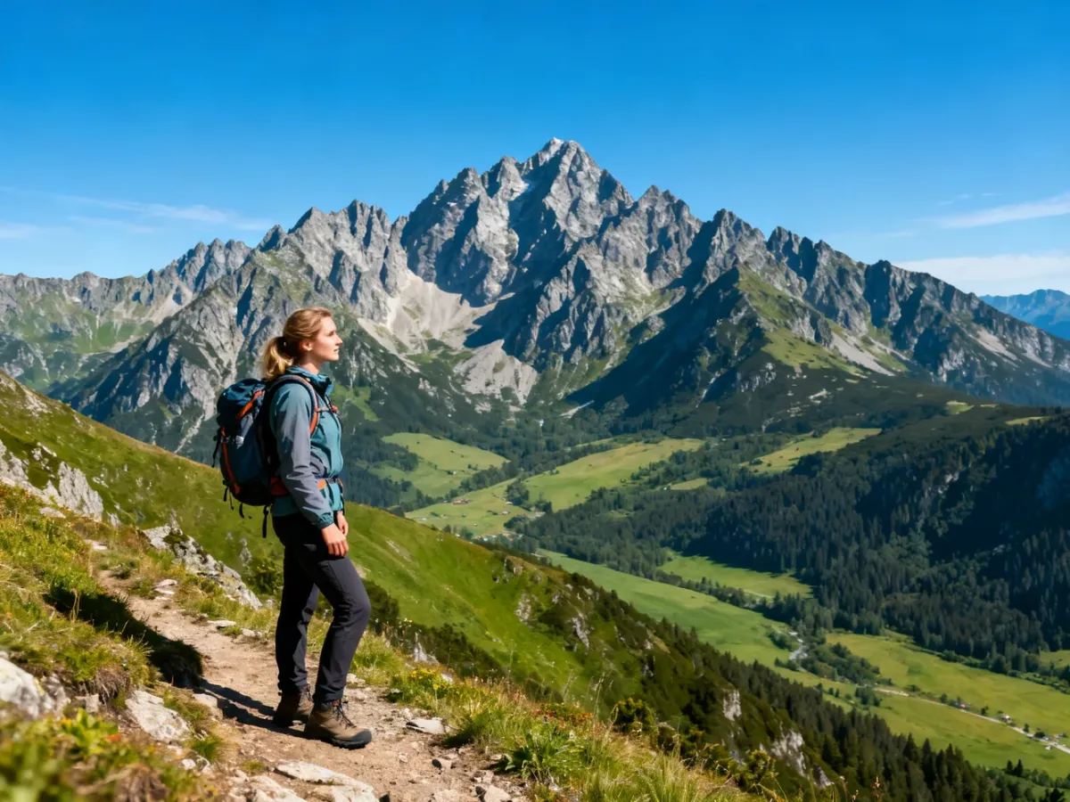 Turystka w stroju trekkingowym podziwia panoramę Tatr na granicy polsko-słowackiej podczas górskiej wędrówki.