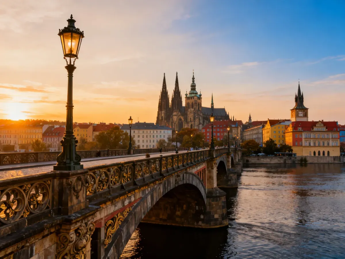 Zabytkowy kamienny most nad rzeką we Wrocławiu o zachodzie słońca, z widokiem na gotyckie wieże katedry.