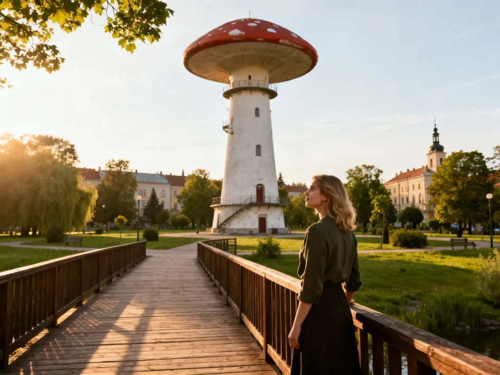 Kobieta spaceruje po parku w Ciechocinku, podziwiając słynną tężnię w kształcie grzybka w promieniach zachodzącego słońca.