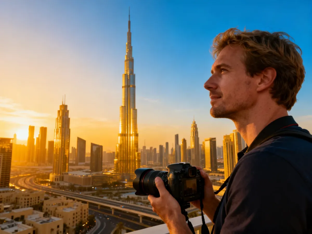 Turysta z aparatem podziwiający panoramę Dubaju z Burdż Chalifa w tle podczas zachodu słońca.