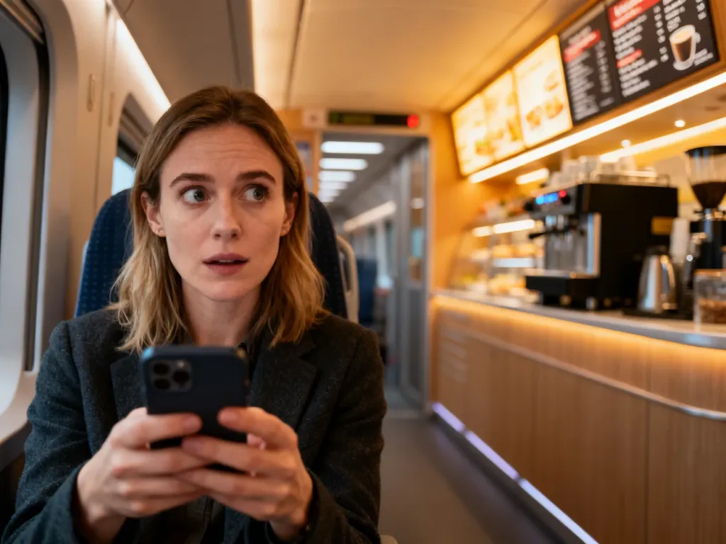 Pasażerka sprawdza telefon w nowoczesnym pociągu, w tle widoczny wagon restauracyjny Wars.