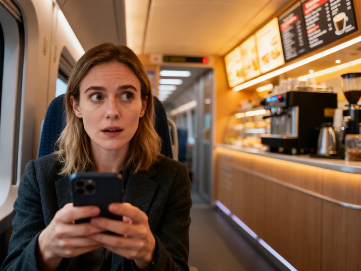Pasażerka sprawdza telefon w nowoczesnym pociągu, w tle widoczny wagon restauracyjny Wars.