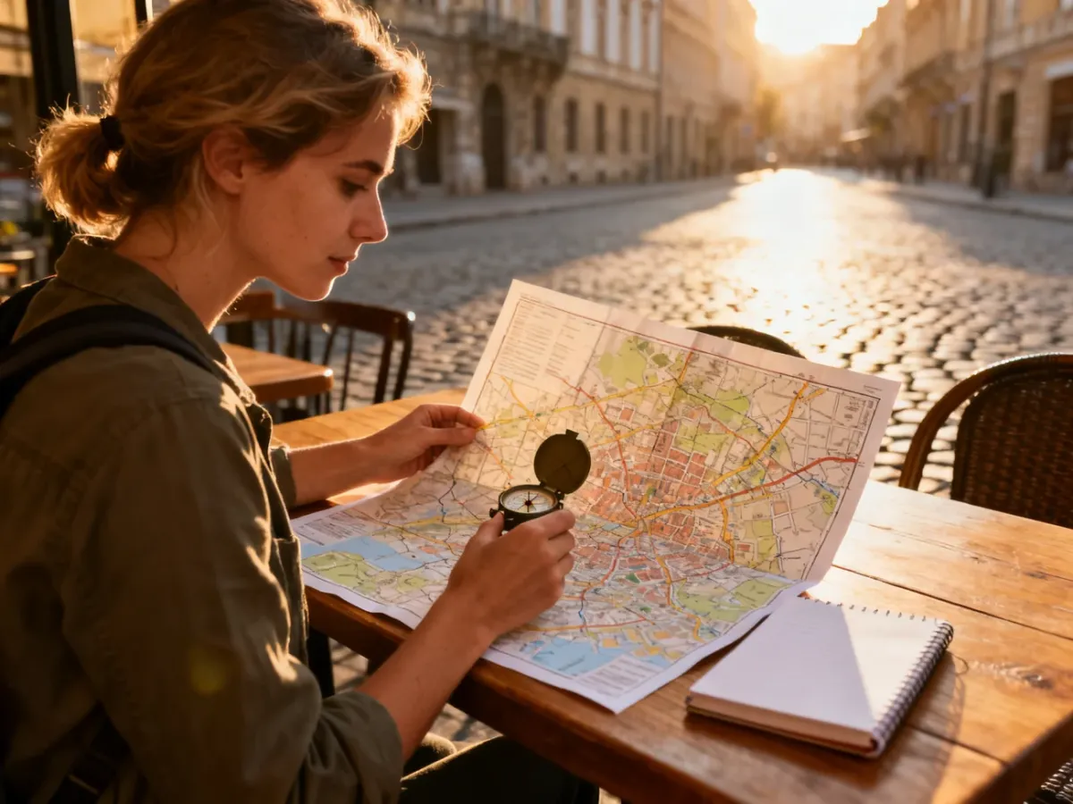 Kobieta siedząca przy stoliku w kawiarni planuje trasę zwiedzania, analizując papierową mapę miasta.