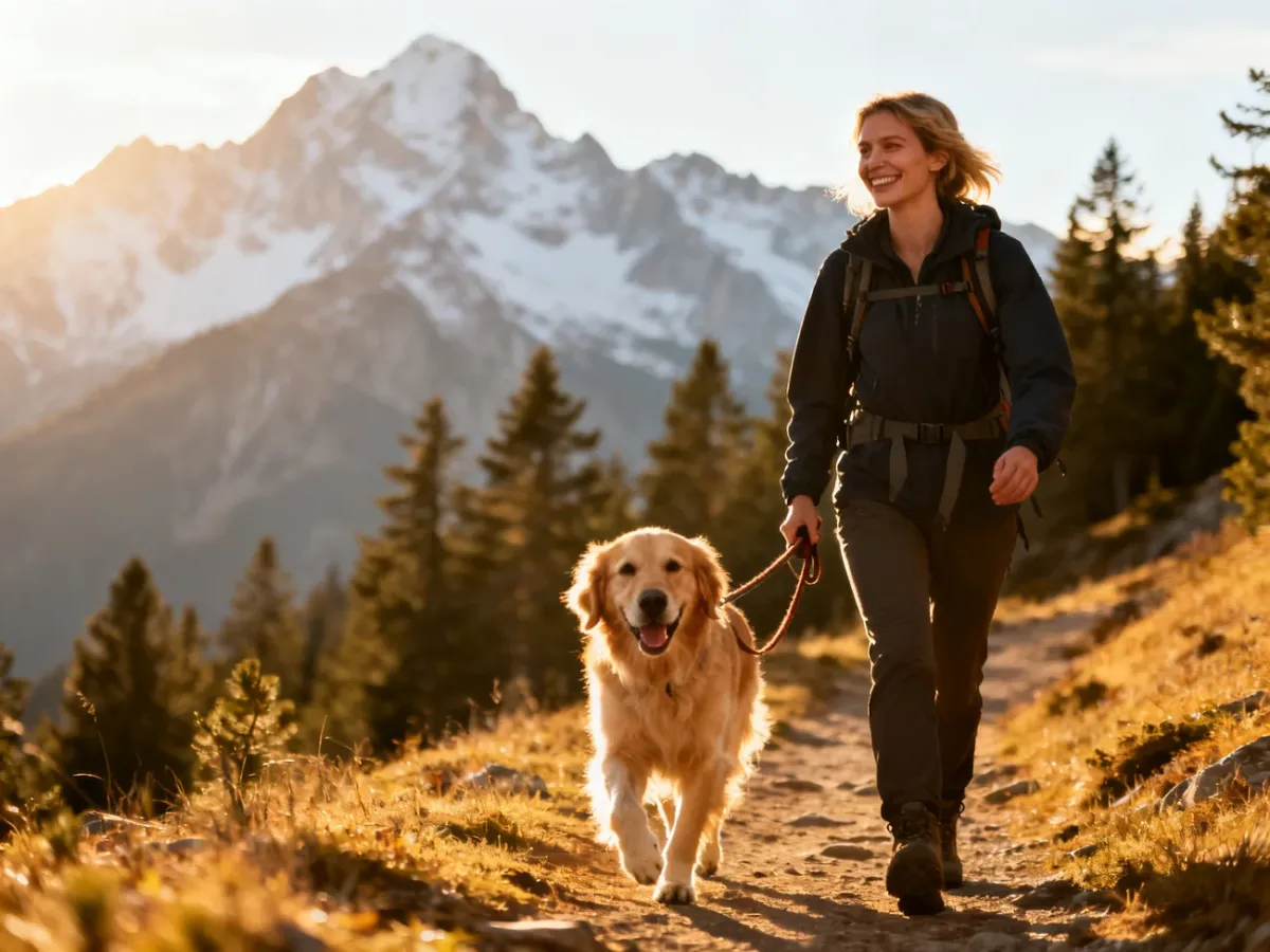 Kobieta z psem rasy golden retriever wędrująca po słonecznym, górskim szlaku w otoczeniu ośnieżonych szczytów.