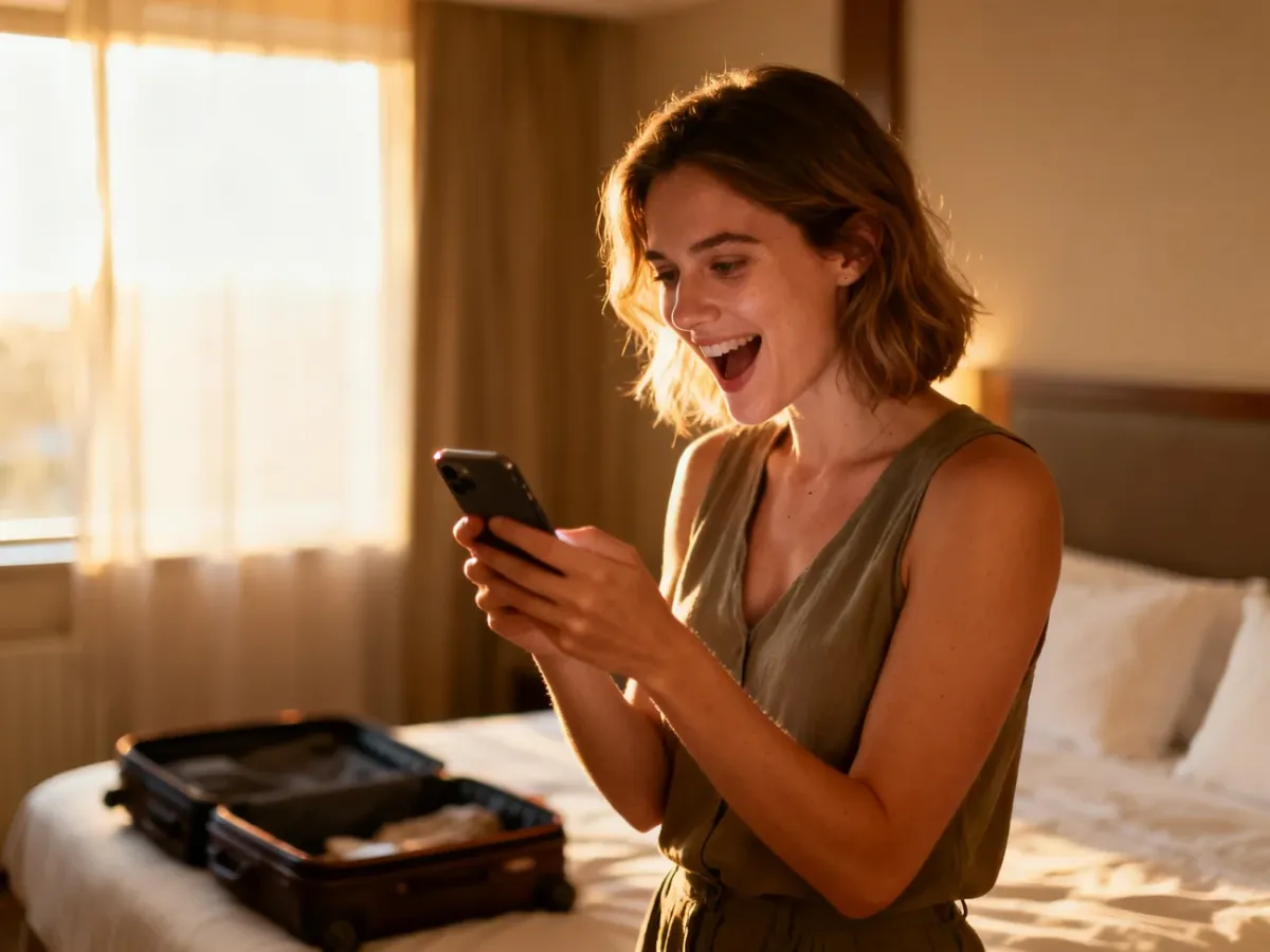 Kobieta z entuzjazmem przegląda oferty noclegów na smartfonie w przytulnym pokoju hotelowym.