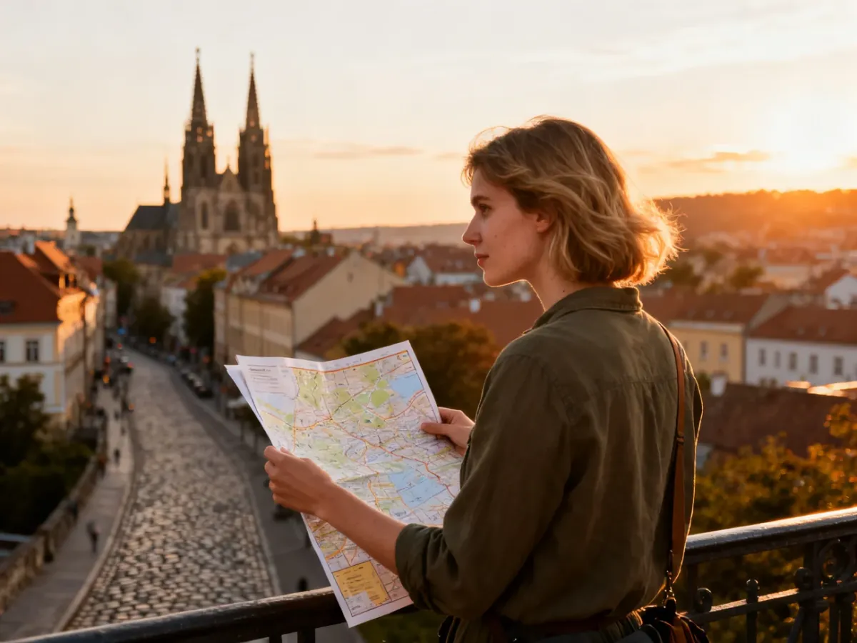 Kobieta z mapą w dłoniach podziwia panoramę europejskiego miasta podczas zachodu słońca, planując idealny wyjazd.