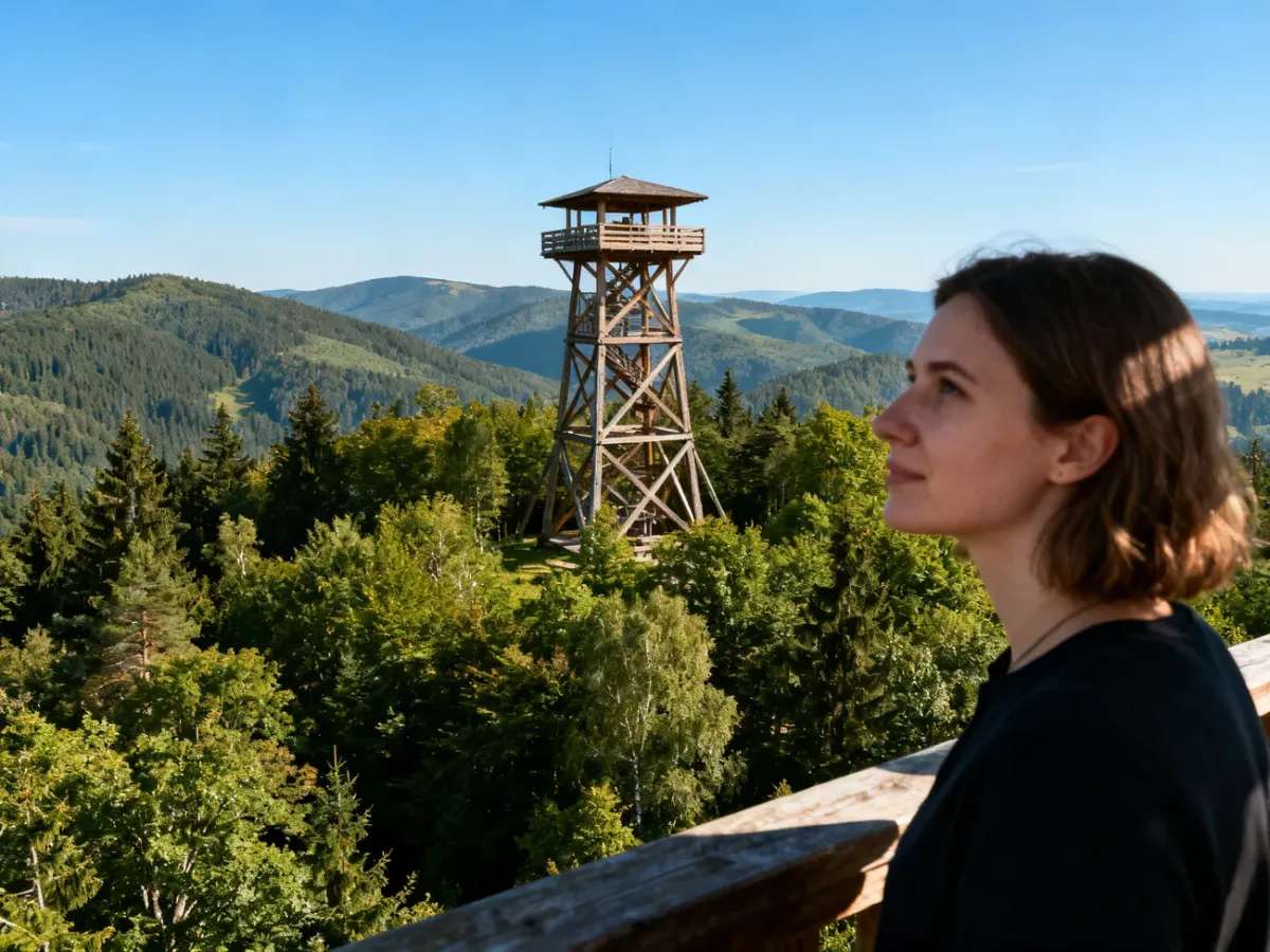 Drewniana wieża widokowa w Krynicy-Zdroju, z której kobieta podziwia malowniczą panoramę beskidzkich lasów.