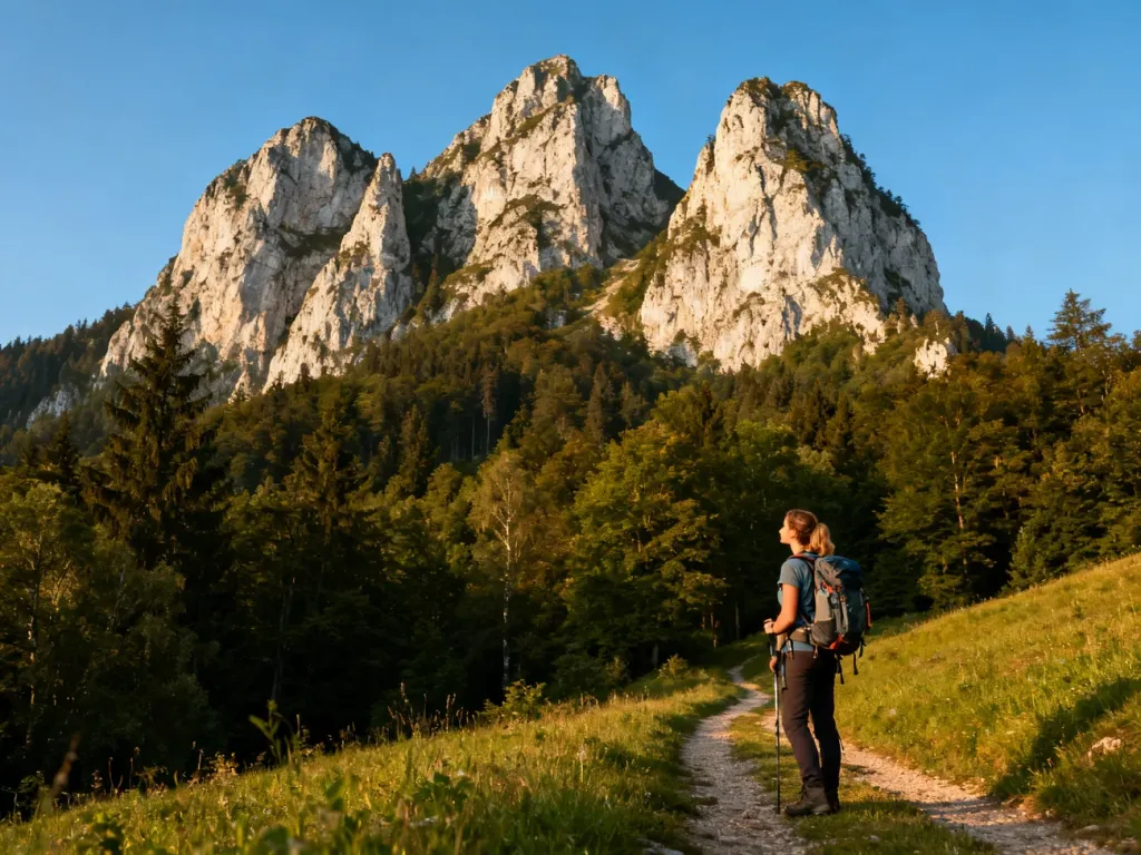 Turystka w stroju trekkingowym podziwia widok na szczyt Trzech Koron w Pieninach podczas słonecznego dnia.
