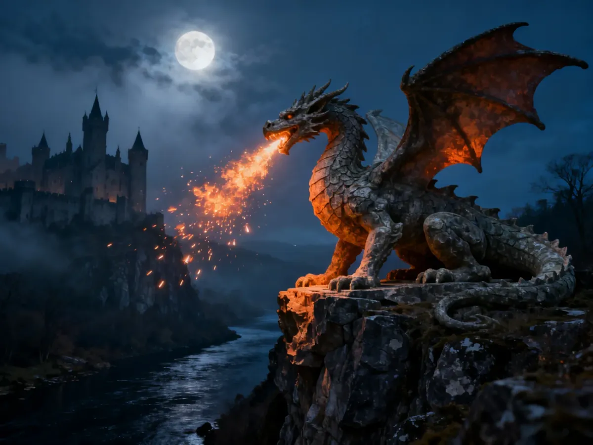 Kamienna rzeźba smoka wawelskiego na skale, z której paszczy wydobywają się płomienie na tle nocnego zamku.
