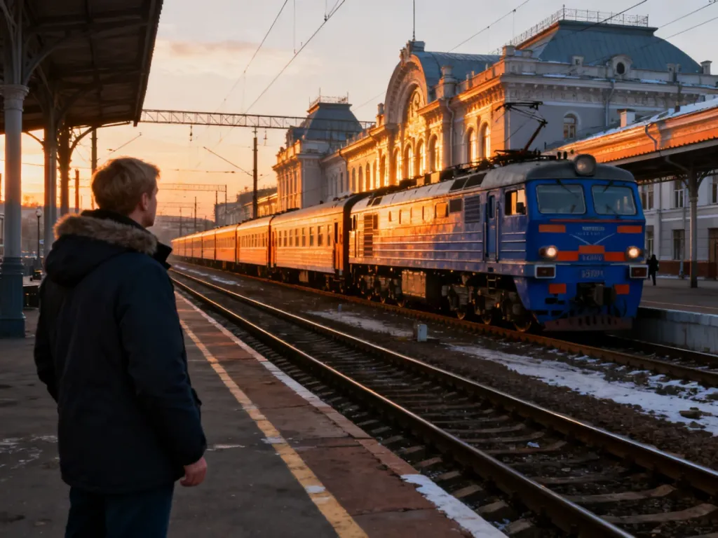 Pociąg kolei transsyberyjskiej wjeżdżający na stację we Władywostoku o zachodzie słońca. Pasażer na tle zabytkowego budynku.